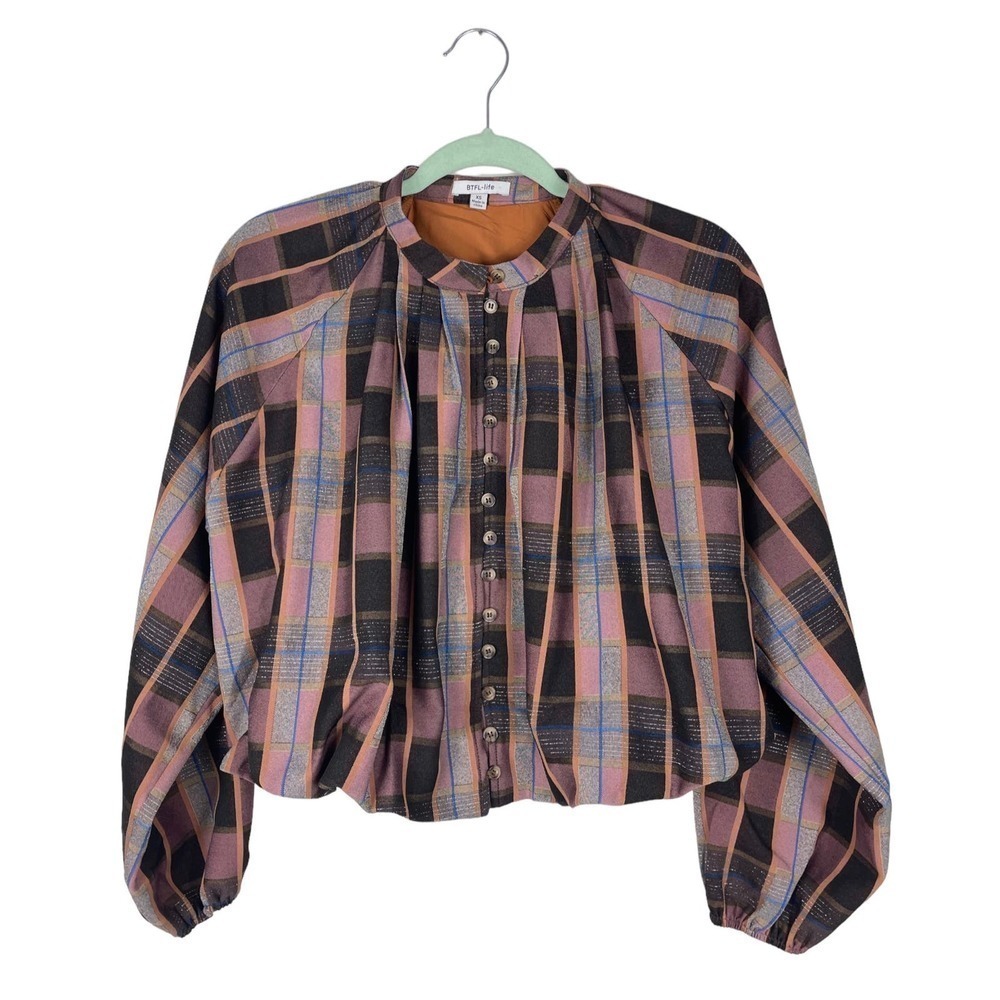 BTFL-Life Plaid Button Down Cropped Long Sleeve Blouse XS Balloon Sleeve Girly